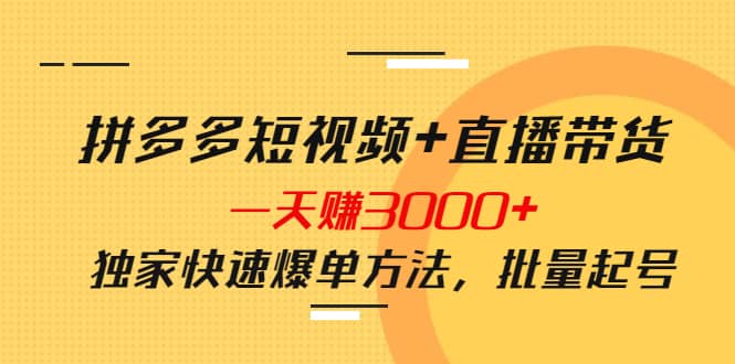 拼多多短视频+直播带货，一天赚3000+独家快速爆单方法，批量起号极优客-网创项目资源站-副业项目-创业项目-搞钱项目极优客网创